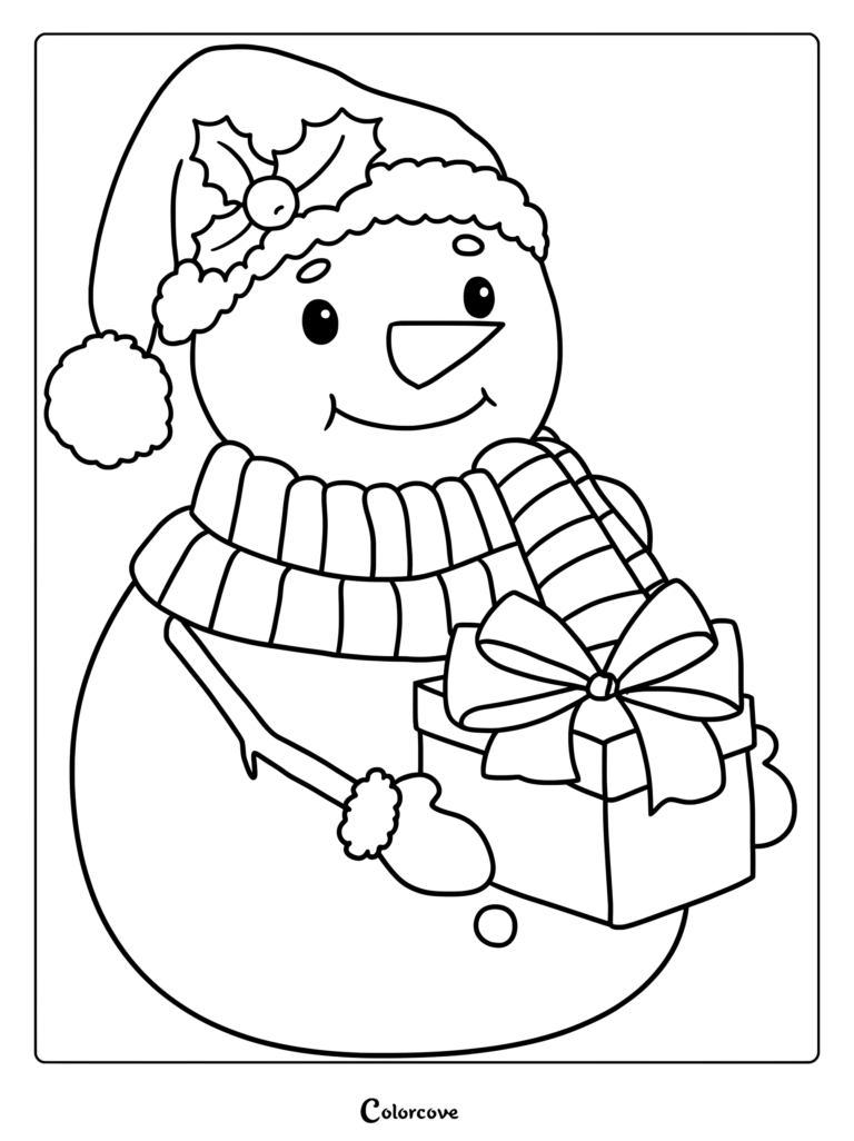 A smiling snowman wearing a holly-decorated winter hat and striped scarf holding a wrapped Christmas gift in this printable coloring page.