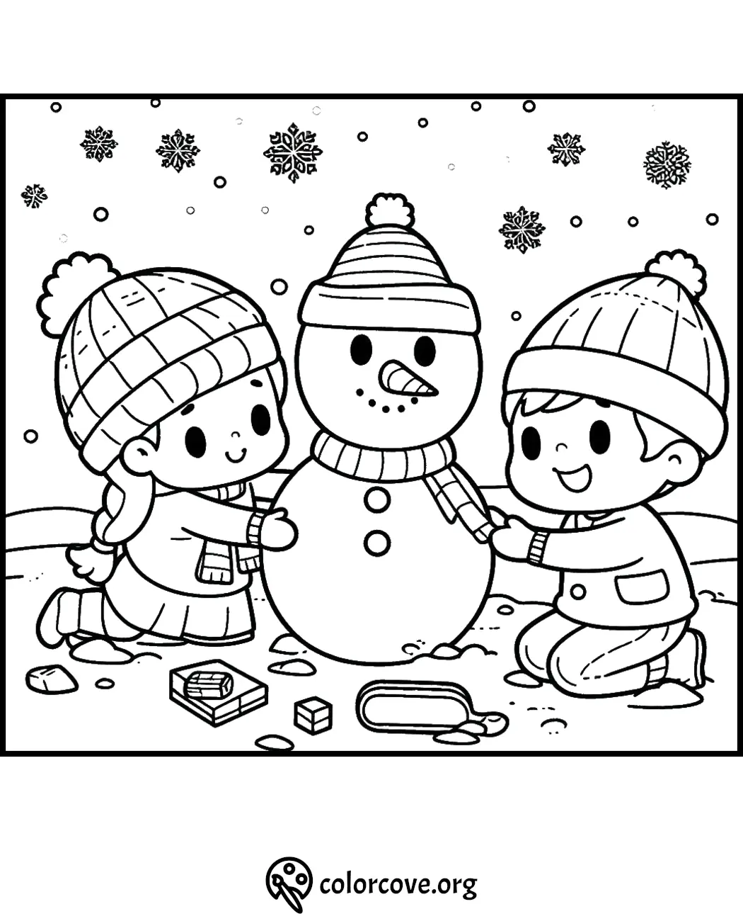 Kids building a snowman coloring page with snowflakes and winter clothes. Fun winter activity for children.