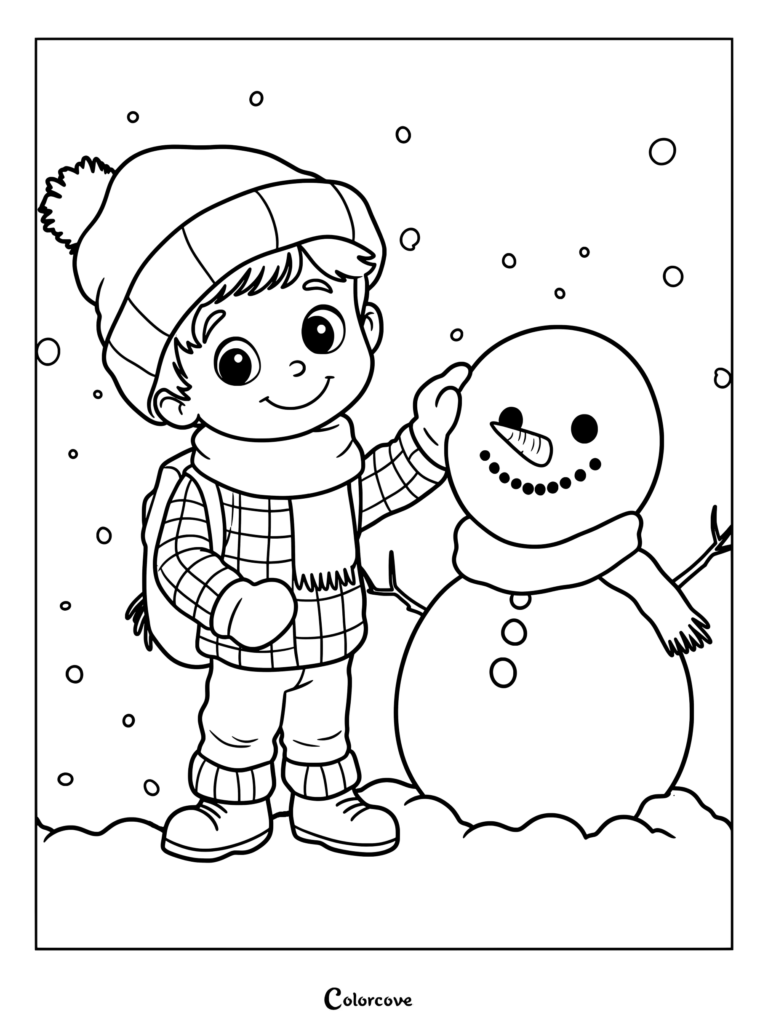 A young boy in a plaid jacket and pom-pom beanie patting the head of a snowman in this winter coloring page.
