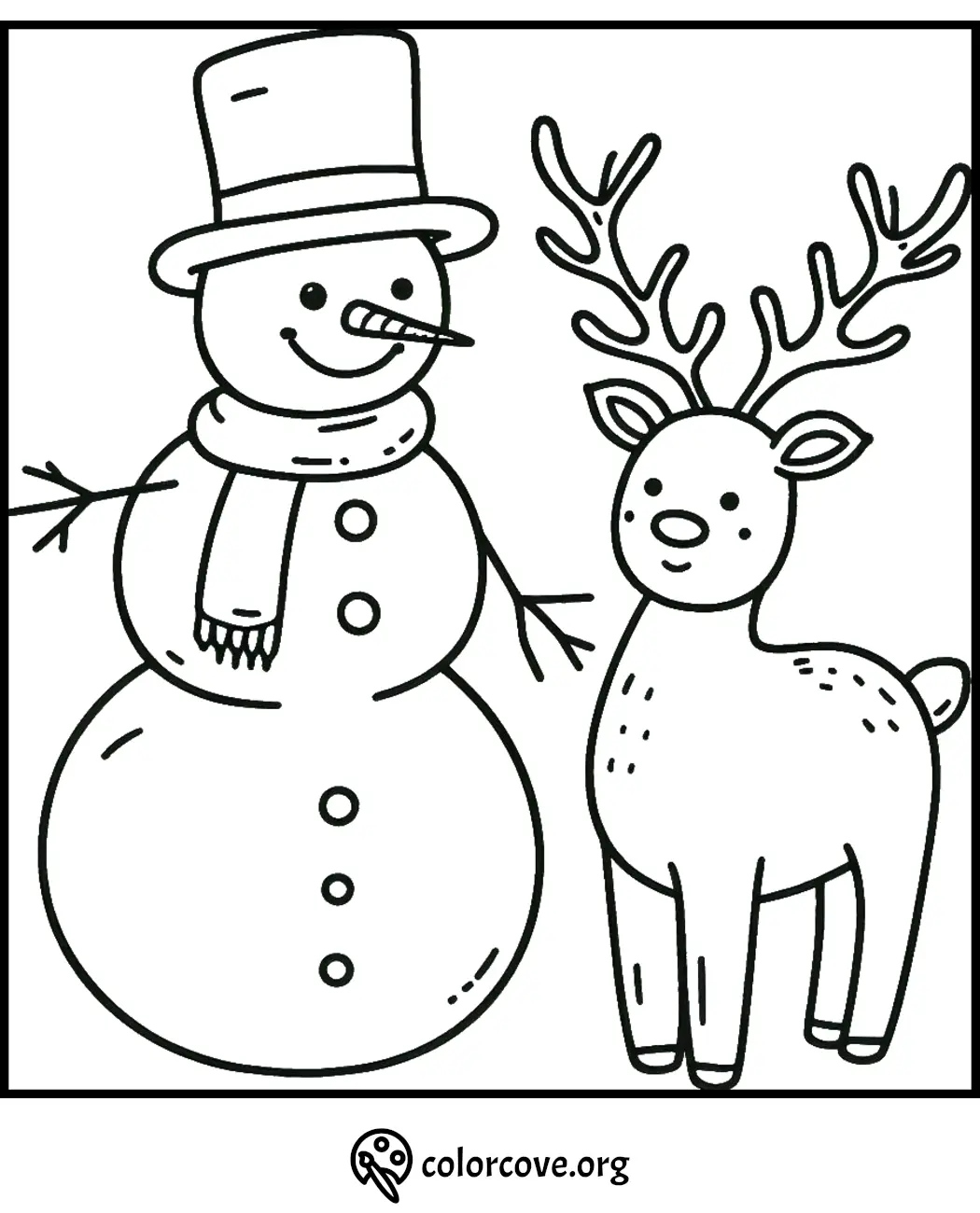 Snowman and reindeer coloring page for kids' holiday fun. Printable winter activity from colorcove.org.