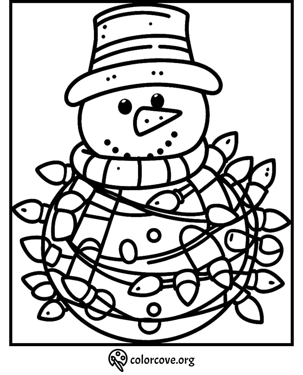 Snowman coloring page with scarf and hat, wrapped in Christmas lights. Perfect for winter kids' activities.