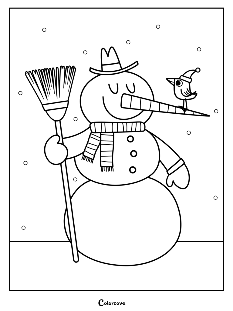 A snowman wearing a hat and scarf holding a broom with a small bird perched on his carrot nose in this printable coloring page.