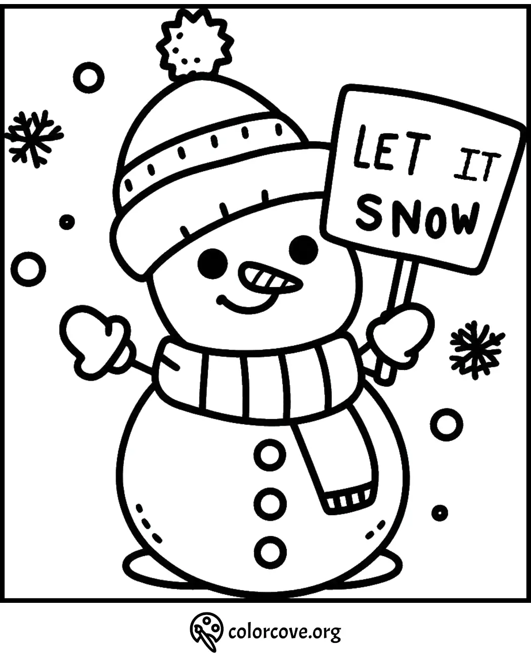 Snowman coloring page with a Let It Snow sign, wearing a hat and scarf.