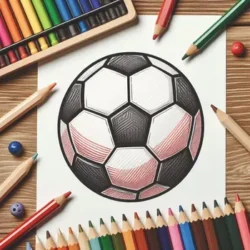 Coloring page of a soccer ball surrounded by colorful pencils on a wooden table, perfect for creative kids and sports fans.