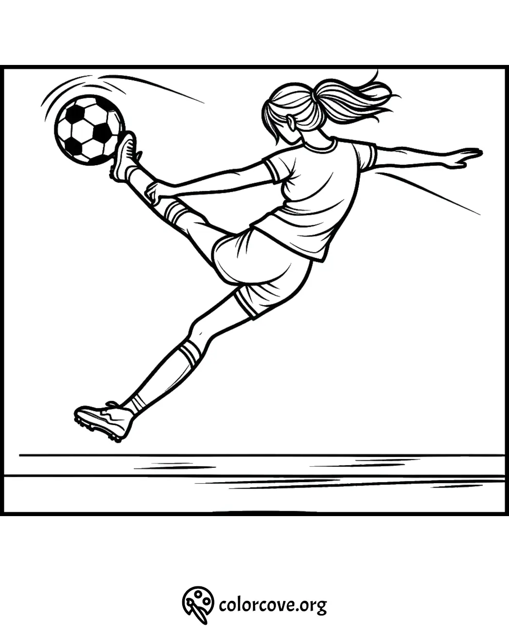 Girl kicking soccer ball coloring page | Sports illustration for kids to color and enjoy | Free printable activity.