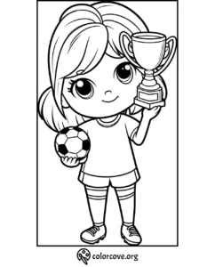 Soccer girl holding a trophy coloring page for kids – printable sports activity from ColorCove.org.