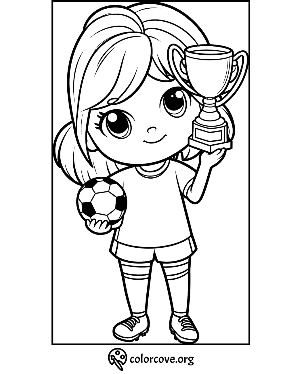 Soccer girl holding a trophy coloring page for kids – printable sports activity from ColorCove.org.