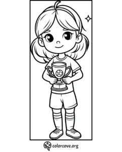 Girl holding a trophy coloring page, perfect for children's sports-themed coloring activities.