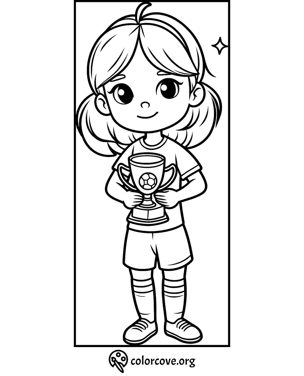 Girl holding a trophy coloring page, perfect for children's sports-themed coloring activities.