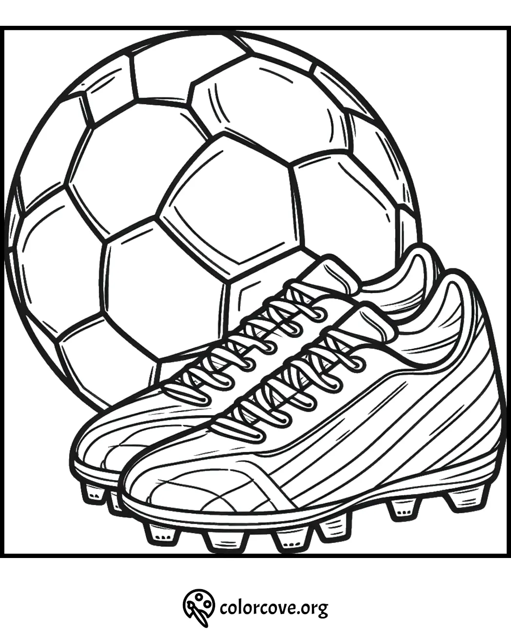 Soccer ball and cleats coloring page for kids and adults. Perfect for sports and football enthusiasts to color.