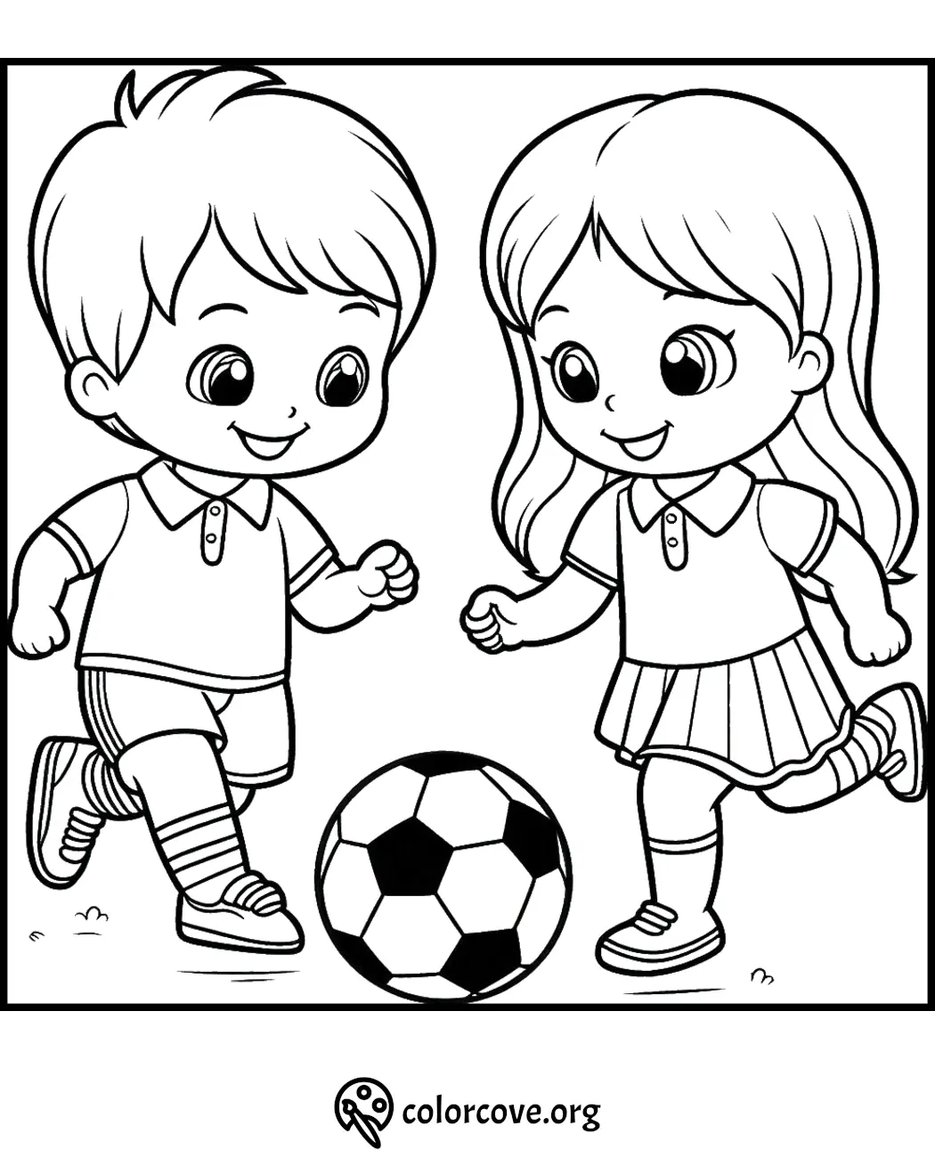 Kids playing soccer coloring page, boy and girl kicking a ball, fun sports activity for children.