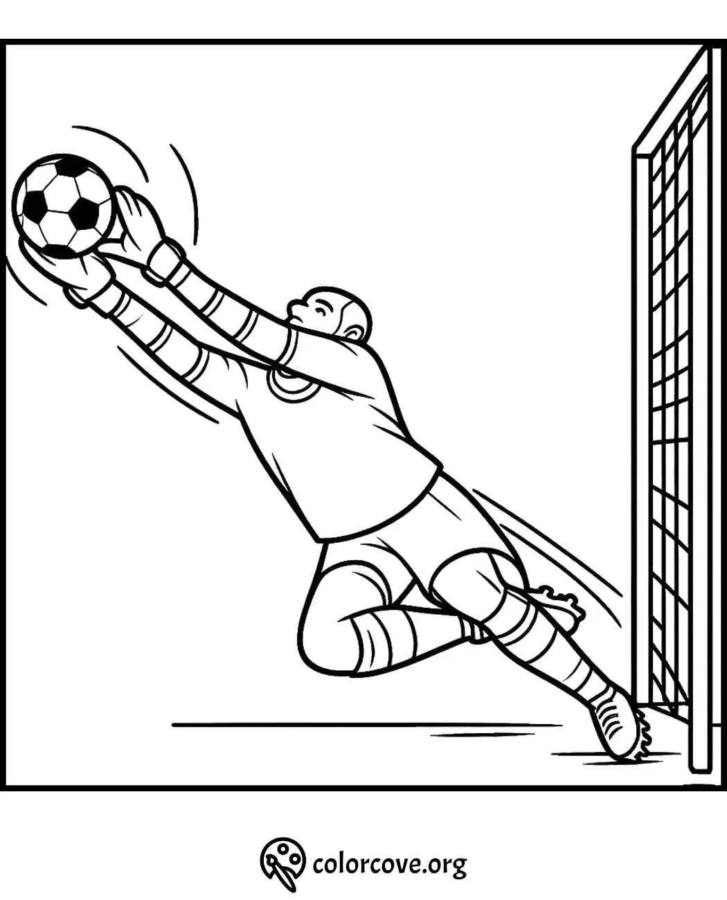 Goalkeeper catching soccer ball coloring page for kids. Printable sports-themed activity sheet.