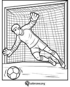 Soccer goalie coloring page with goalkeeper diving to save the ball in front of the net.
