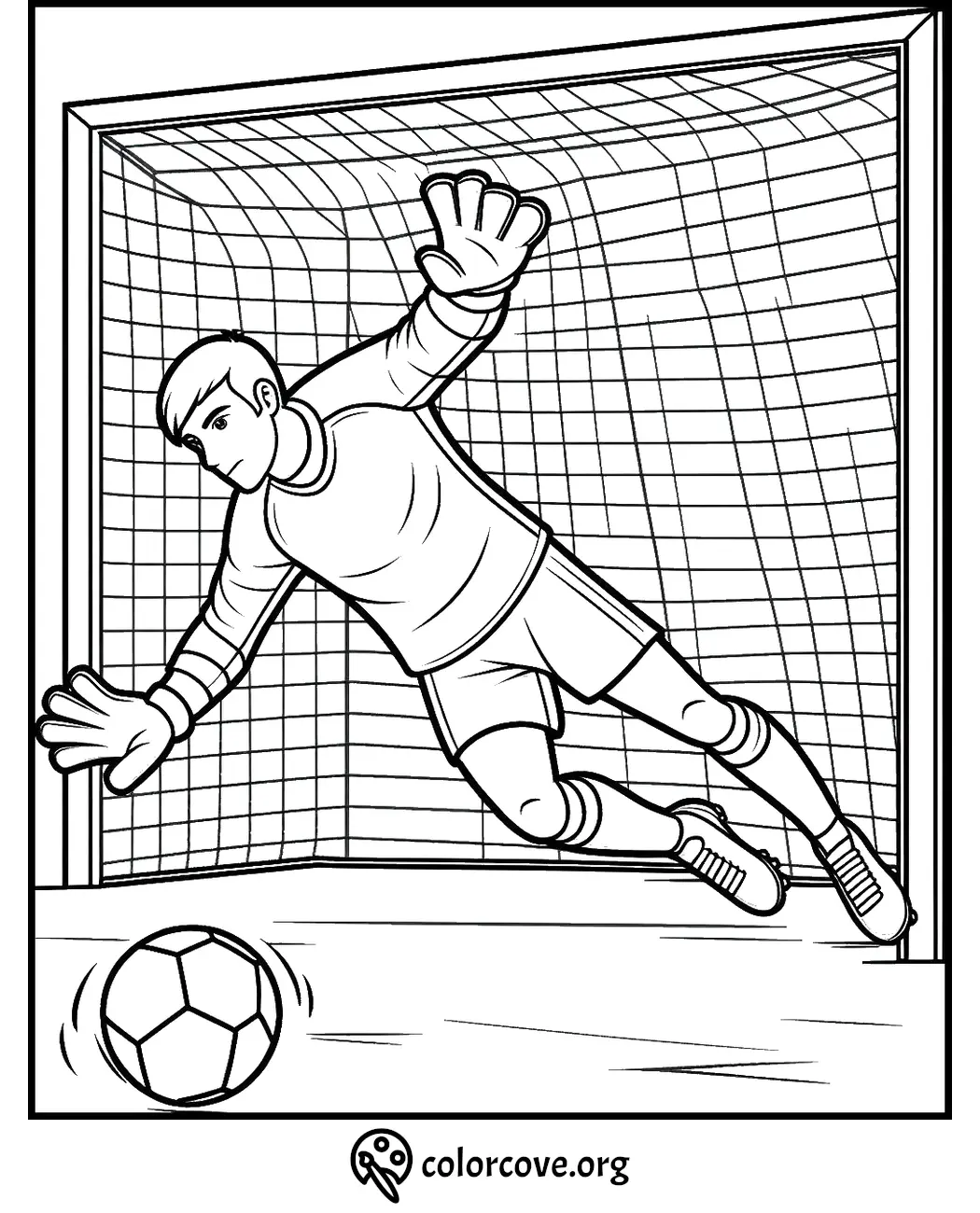 Soccer goalie coloring page with goalkeeper diving to save the ball in front of the net.