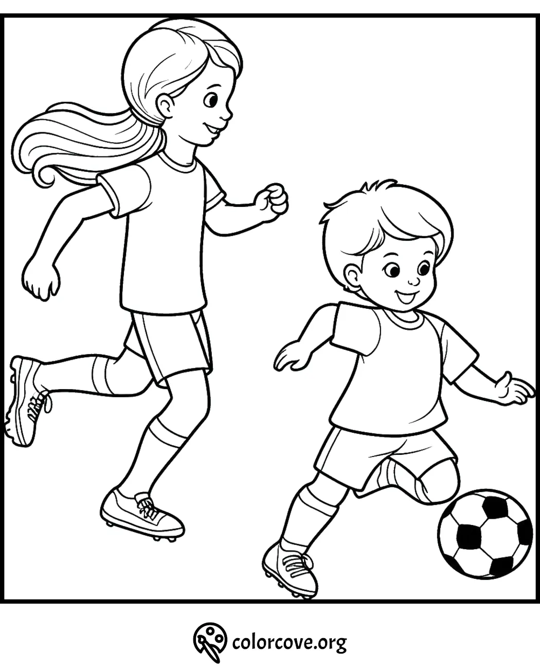 Kids playing soccer coloring page with girl and boy chasing a ball. Perfect for sports-themed coloring activities.