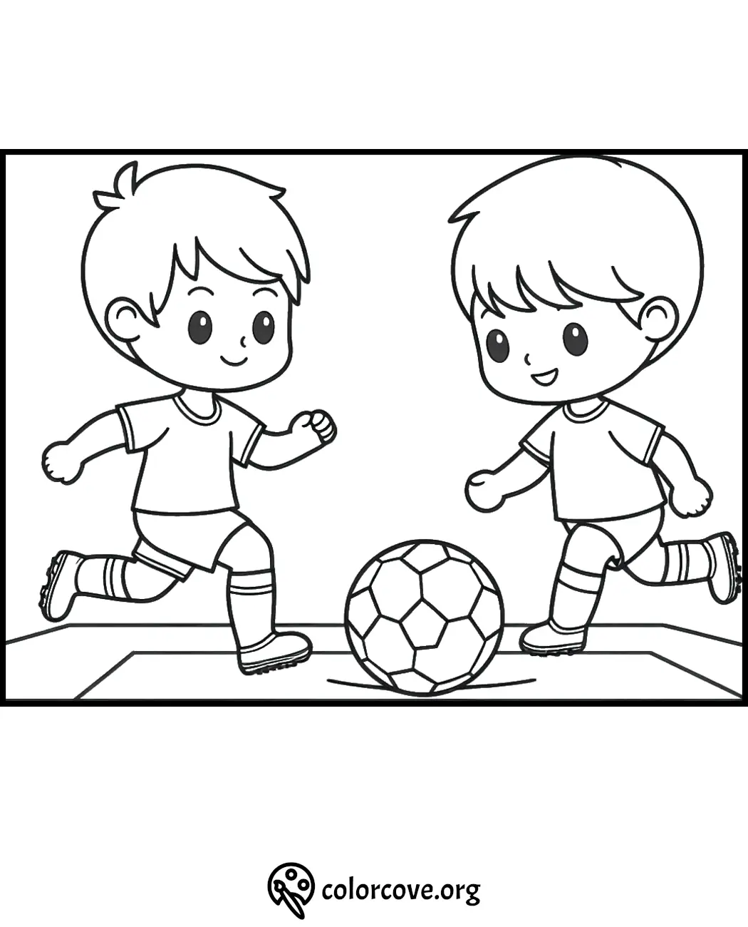 Kids playing soccer coloring page with a soccer ball, perfect for fun and creative coloring activities.