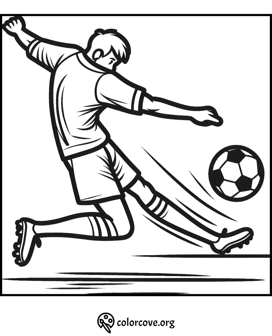 Soccer player kicking ball coloring page - perfect for kids and sports fans to color and enjoy.