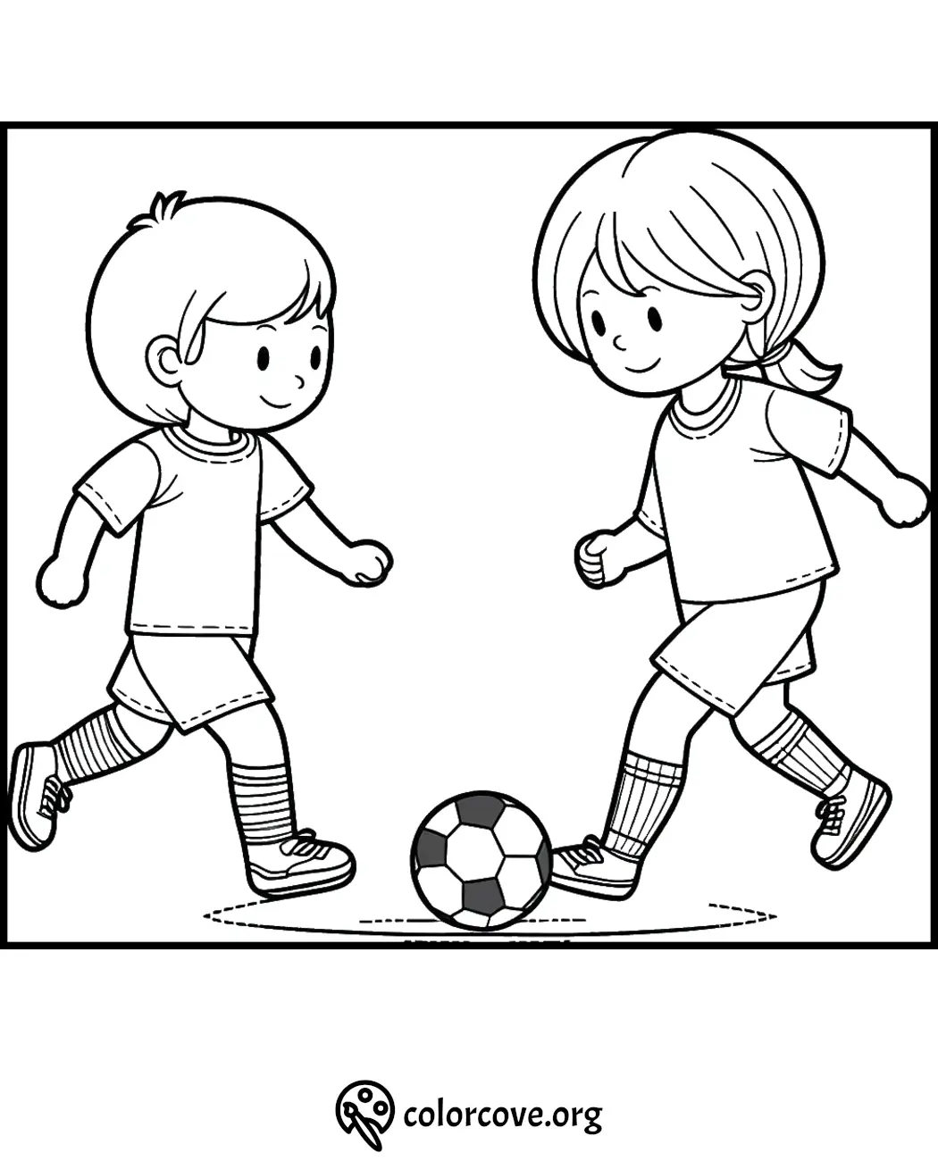 Kids playing soccer coloring page, two children kicking a ball, printable activity for kids.