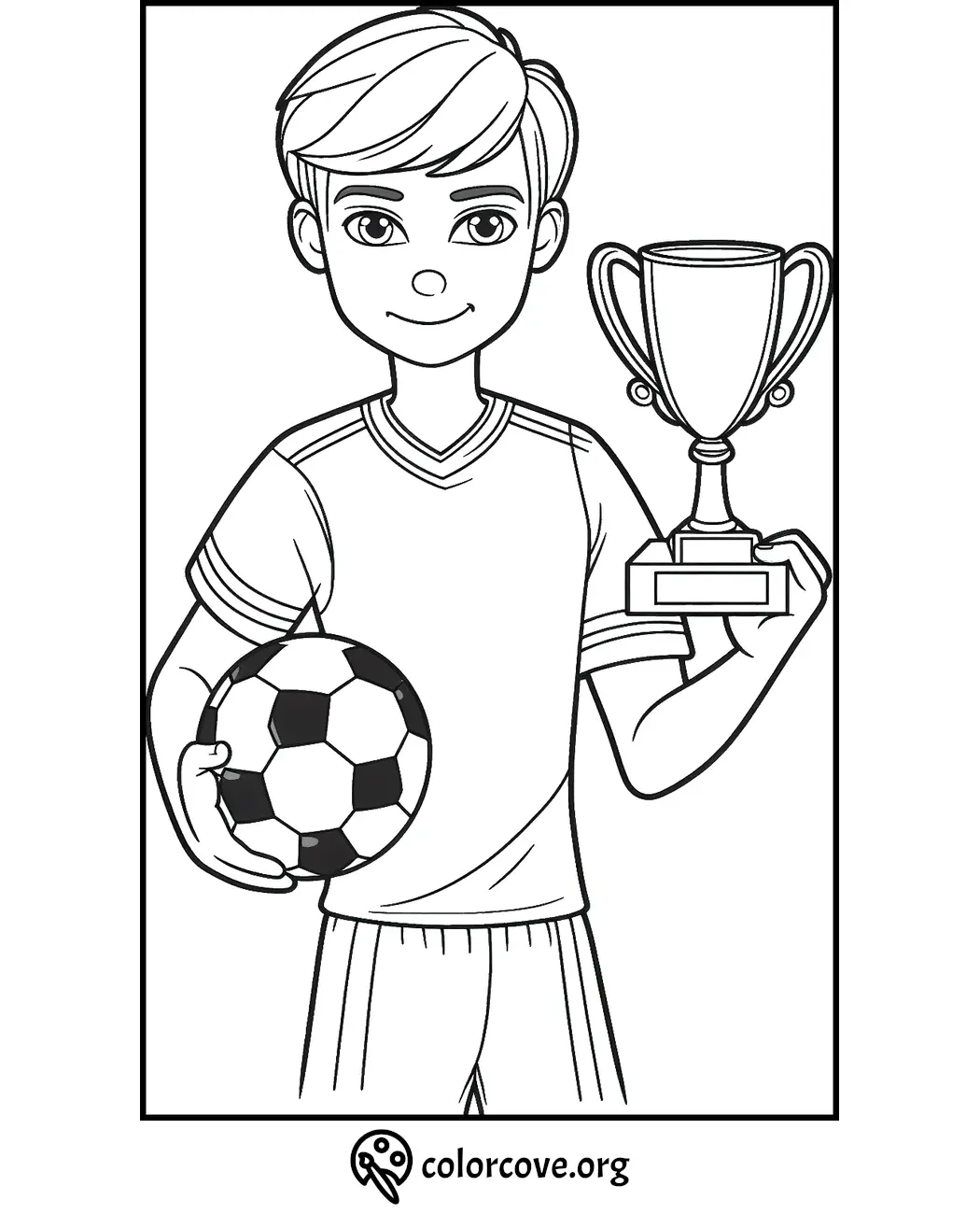 Soccer player holding ball and trophy coloring page, ideal for kids' sports-themed activities and creative fun.