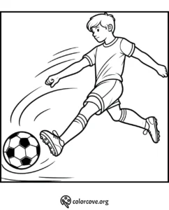 Soccer player kicking ball coloring page for kids, printable sports activity sheet.