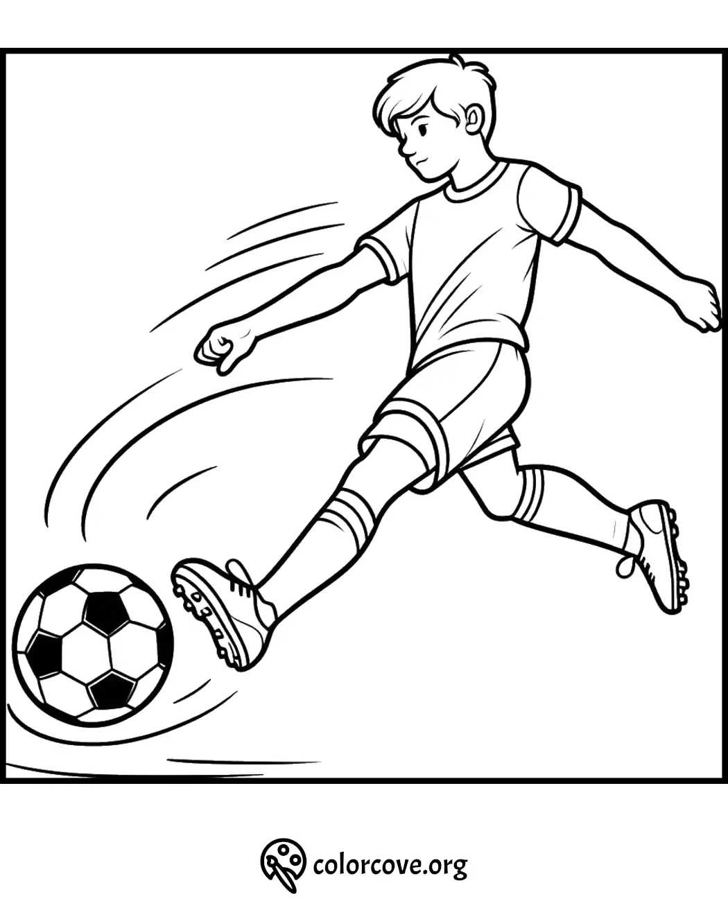 Soccer player kicking ball coloring page for kids, printable sports activity sheet.