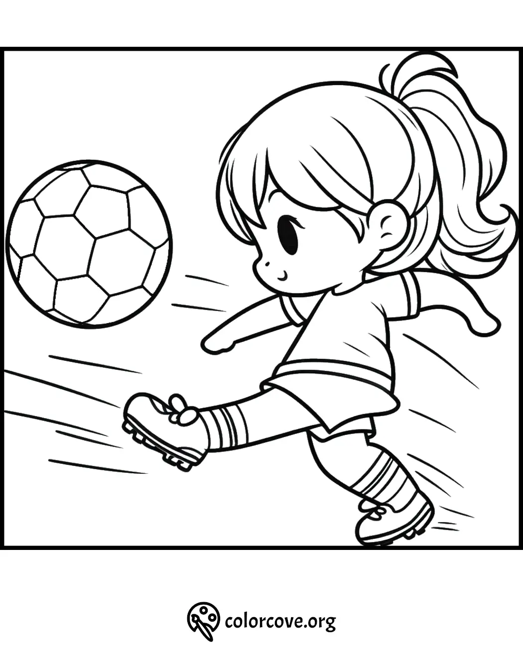 Child playing soccer coloring page - Cartoon kid kicks soccer ball with ponytail and cleats. Printable activity for kids.