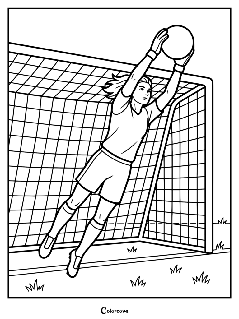 A female soccer goalkeeper jumping to catch a ball in front of the net in this printable coloring page.
