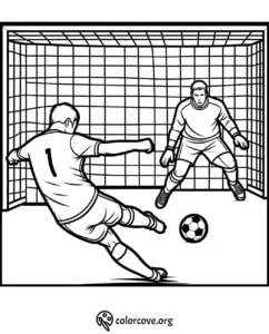 Soccer player kicks ball towards goal with goalie defending in coloring page.