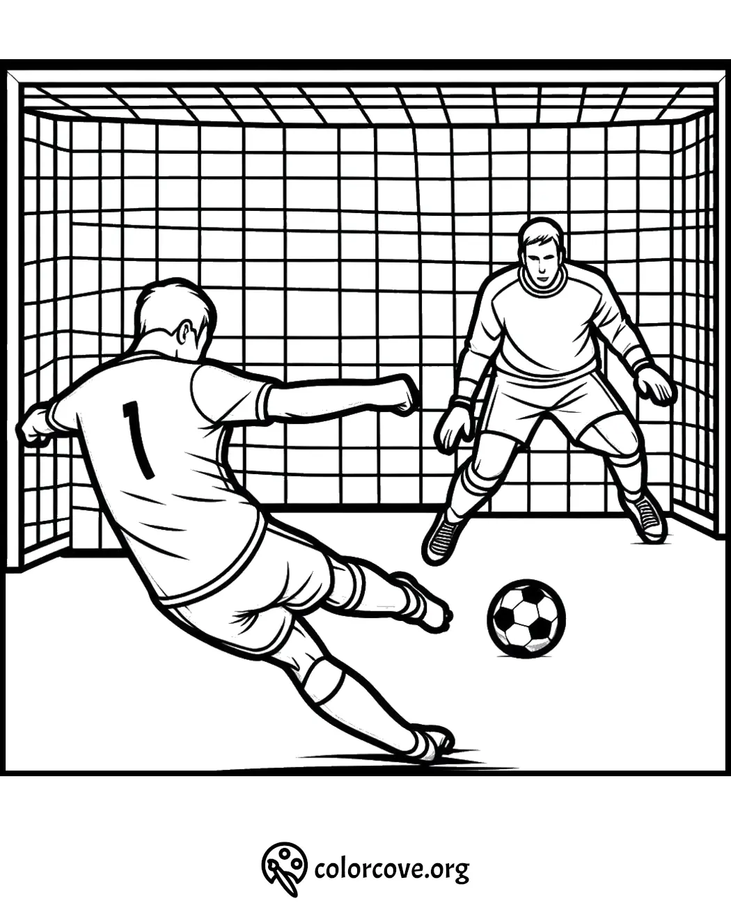 Soccer player kicks ball towards goal with goalie defending in coloring page.