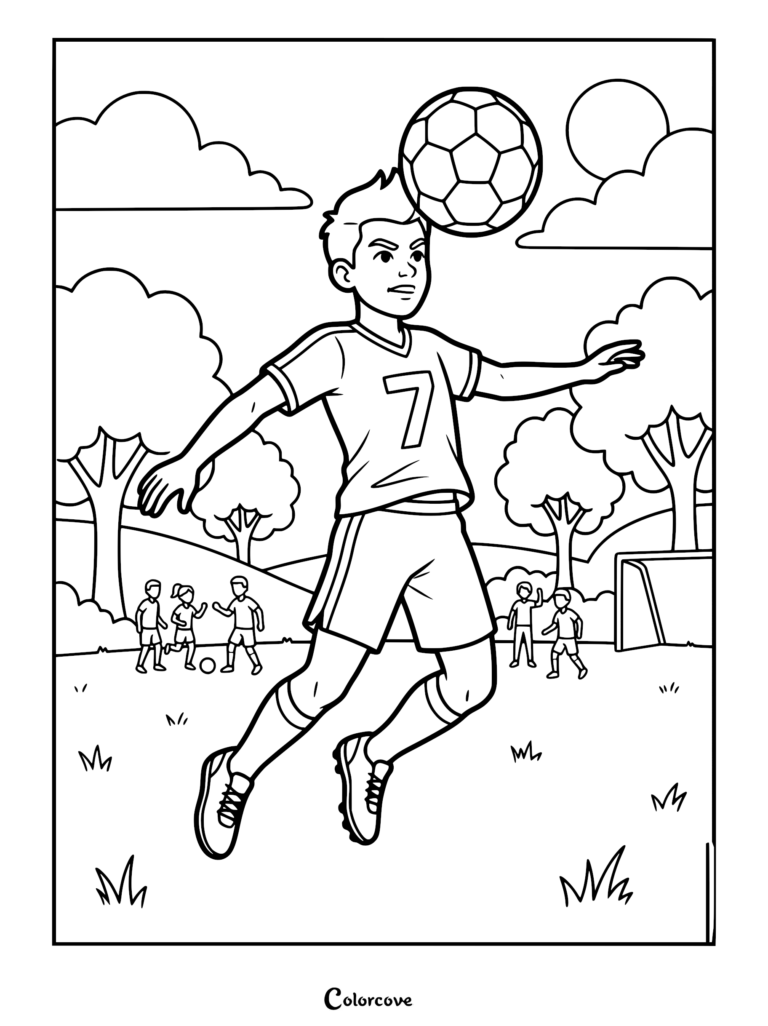 A young soccer player wearing a jersey with number 7 heading a soccer ball in a park, printable coloring page.