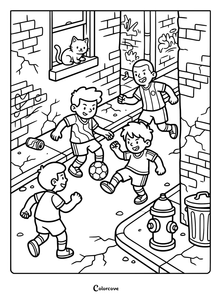 Four young boys playing a soccer match in a narrow urban alleyway with a cat watching from a window, line art coloring page.
