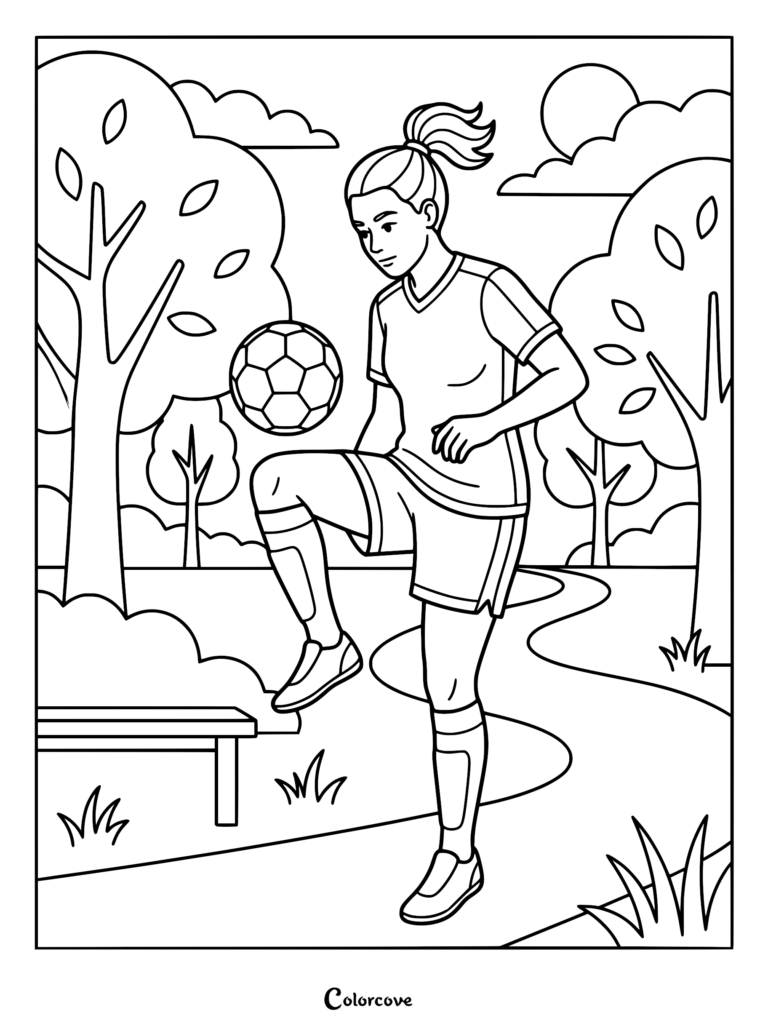 A female soccer player with a ponytail juggling a ball on her knee in a park setting, black and white coloring page.