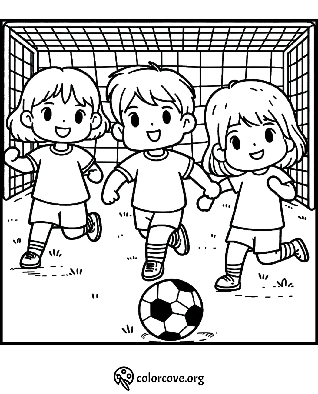 Children playing soccer in front of a goal, coloring page for kids.