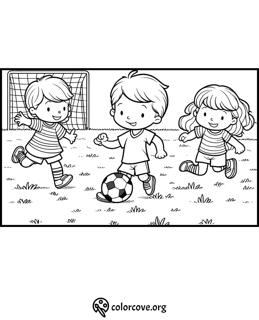 Children playing soccer coloring page with kids running and smiling on a field, goalpost in background.