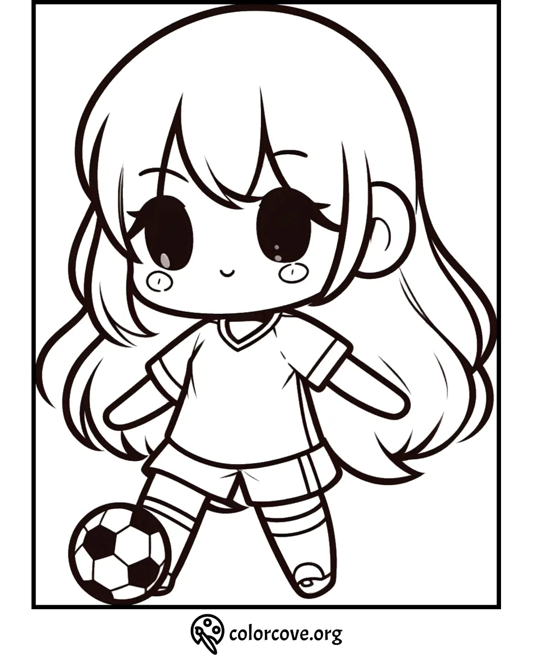 Cute chibi girl playing soccer coloring page for kids and adults. Fun printable art to color and enjoy.