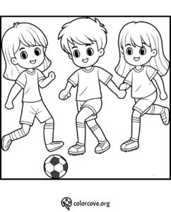 Children playing soccer coloring page with three kids and a ball, ideal for fun and creative activities.