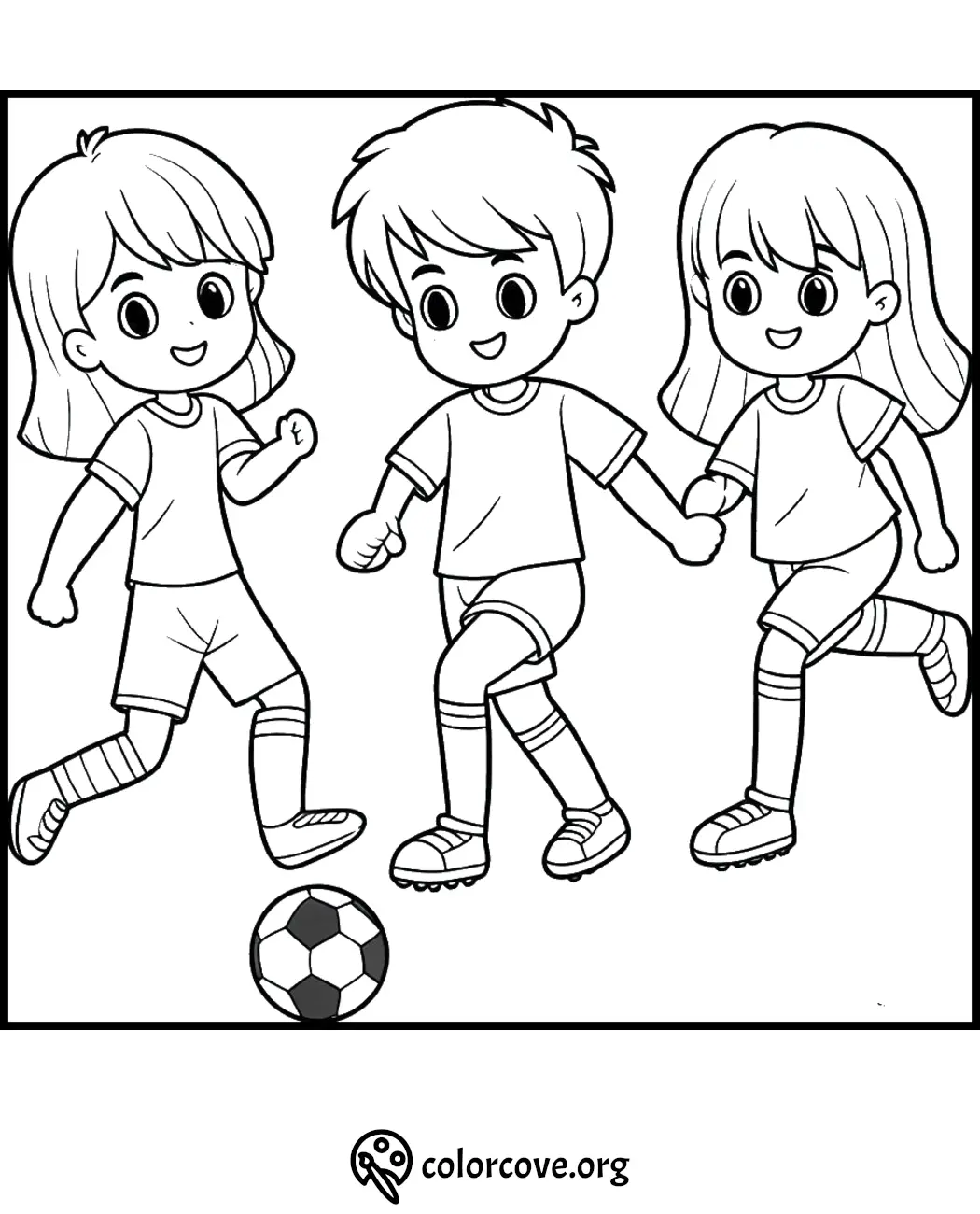 Children playing soccer coloring page with three kids and a ball, ideal for fun and creative activities.