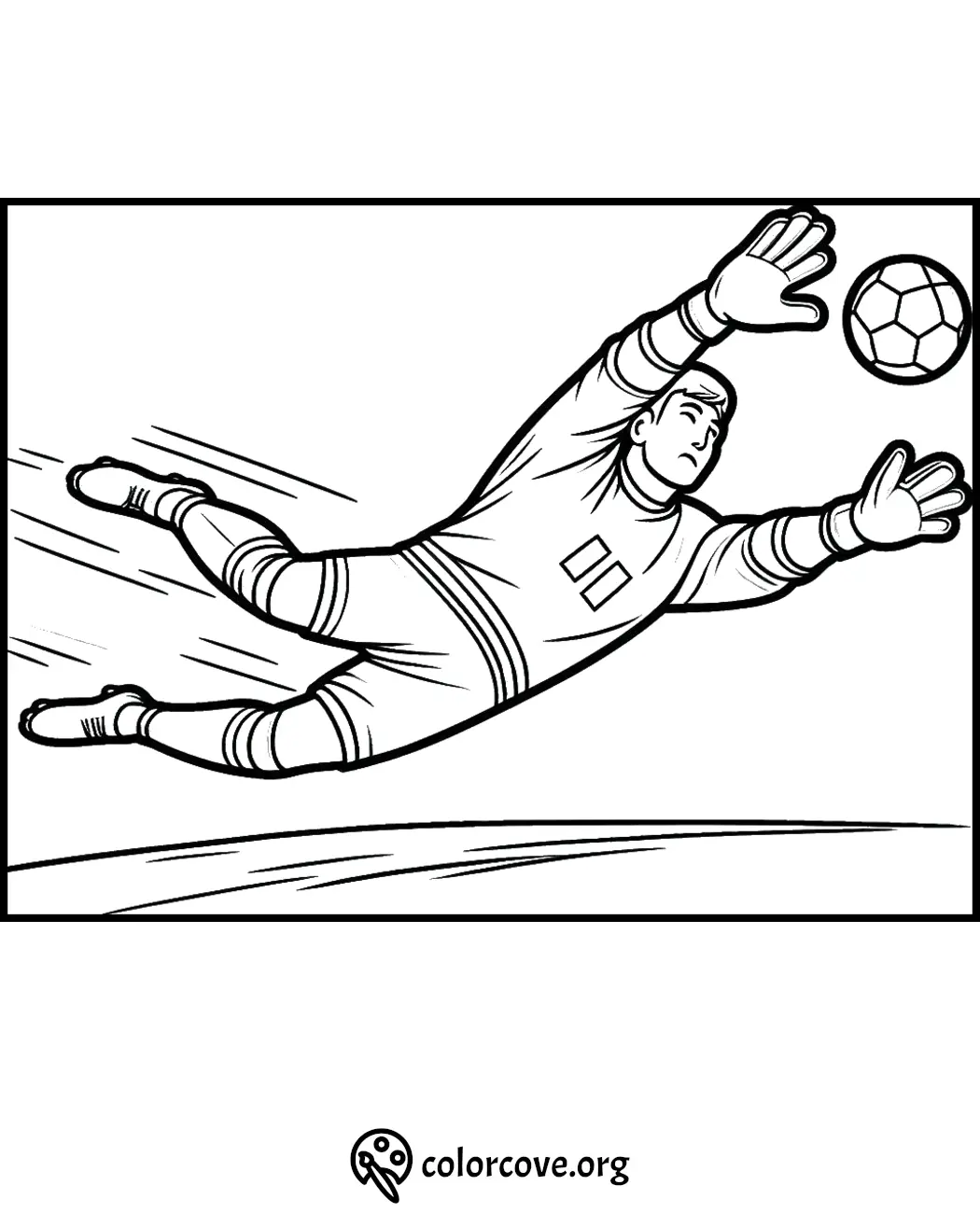 Goalkeeper diving to catch soccer ball coloring page for kids.