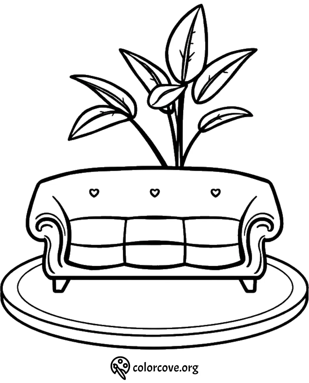 Coloring page with a cozy couch and leafy plant. Perfect for kids and art lovers to enjoy and relax.