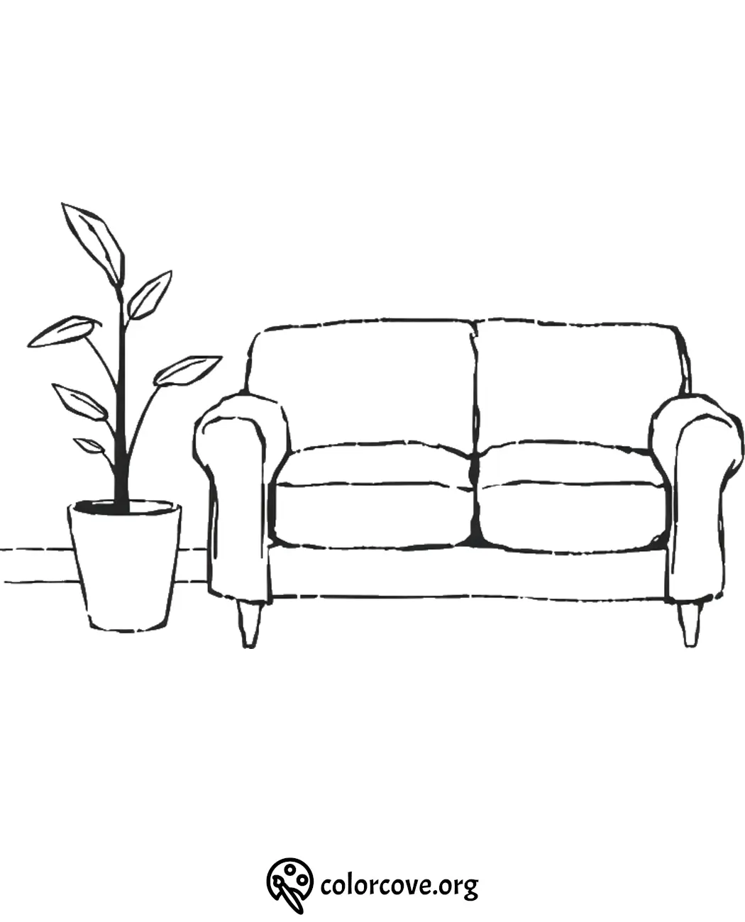 Sofa and potted plant coloring page, perfect for relaxing indoor scene coloring activities.