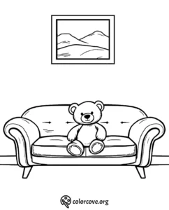 Teddy bear on sofa coloring page with framed mountain picture; cozy living room scene for kids.