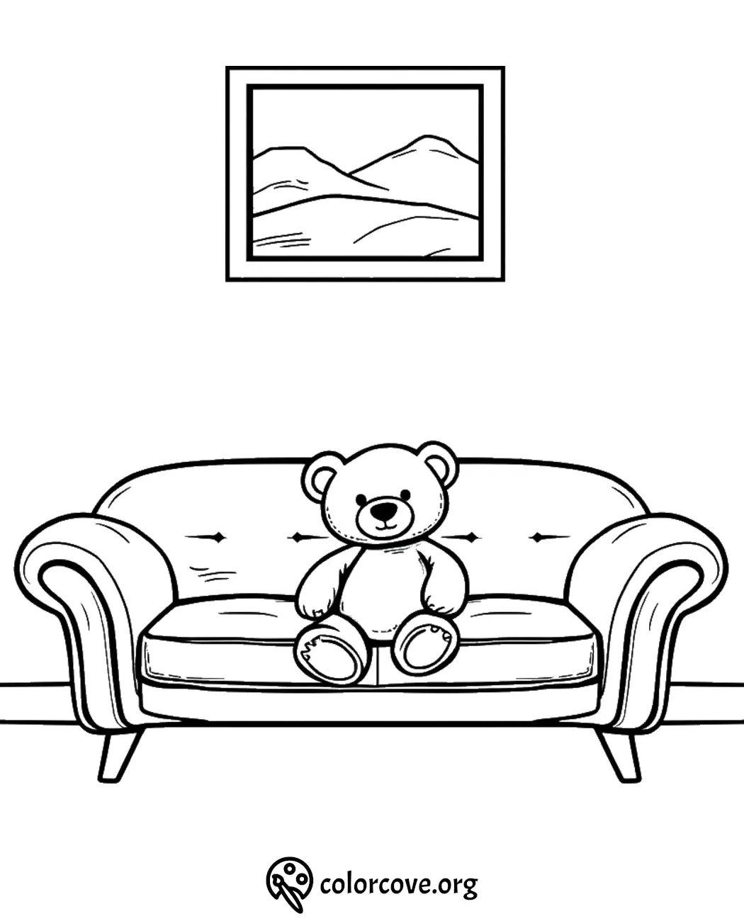 Teddy bear on sofa coloring page with framed mountain picture; cozy living room scene for kids.