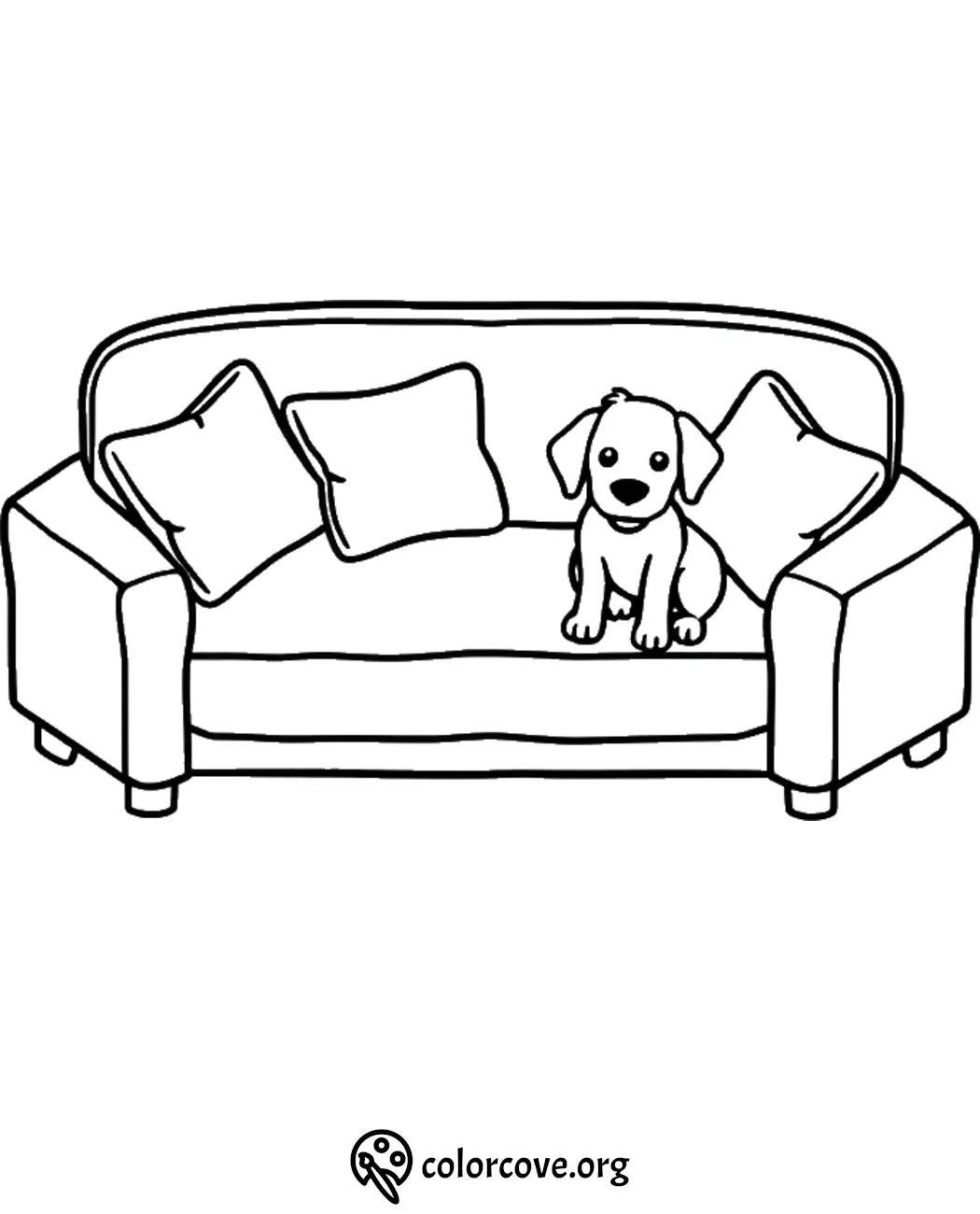 Coloring page of a puppy sitting on a sofa with pillows, perfect for kids and dog lovers to enjoy coloring activities.