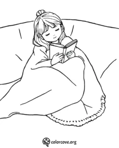 Cozy girl reading book under blanket, relaxing coloring page.