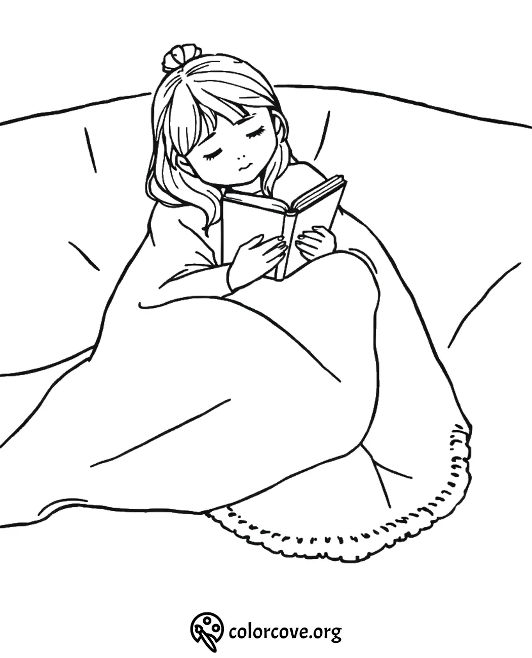 Cozy girl reading book under blanket, relaxing coloring page.