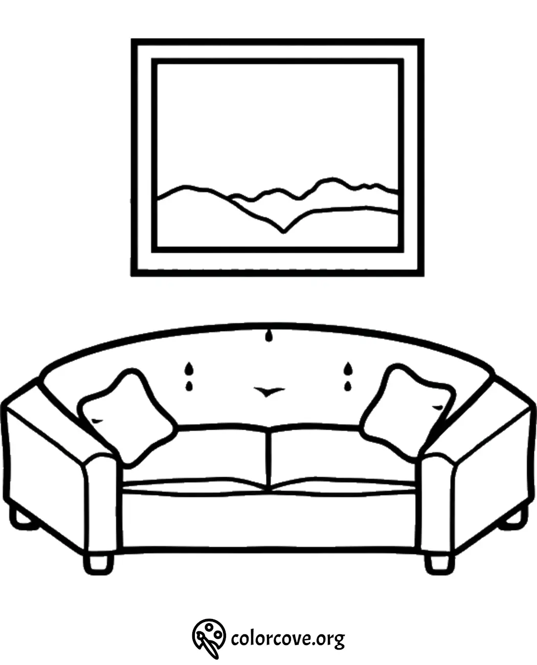 Coloring page of a cozy sofa with cushions and a framed landscape art above. Relaxing home decor illustration.