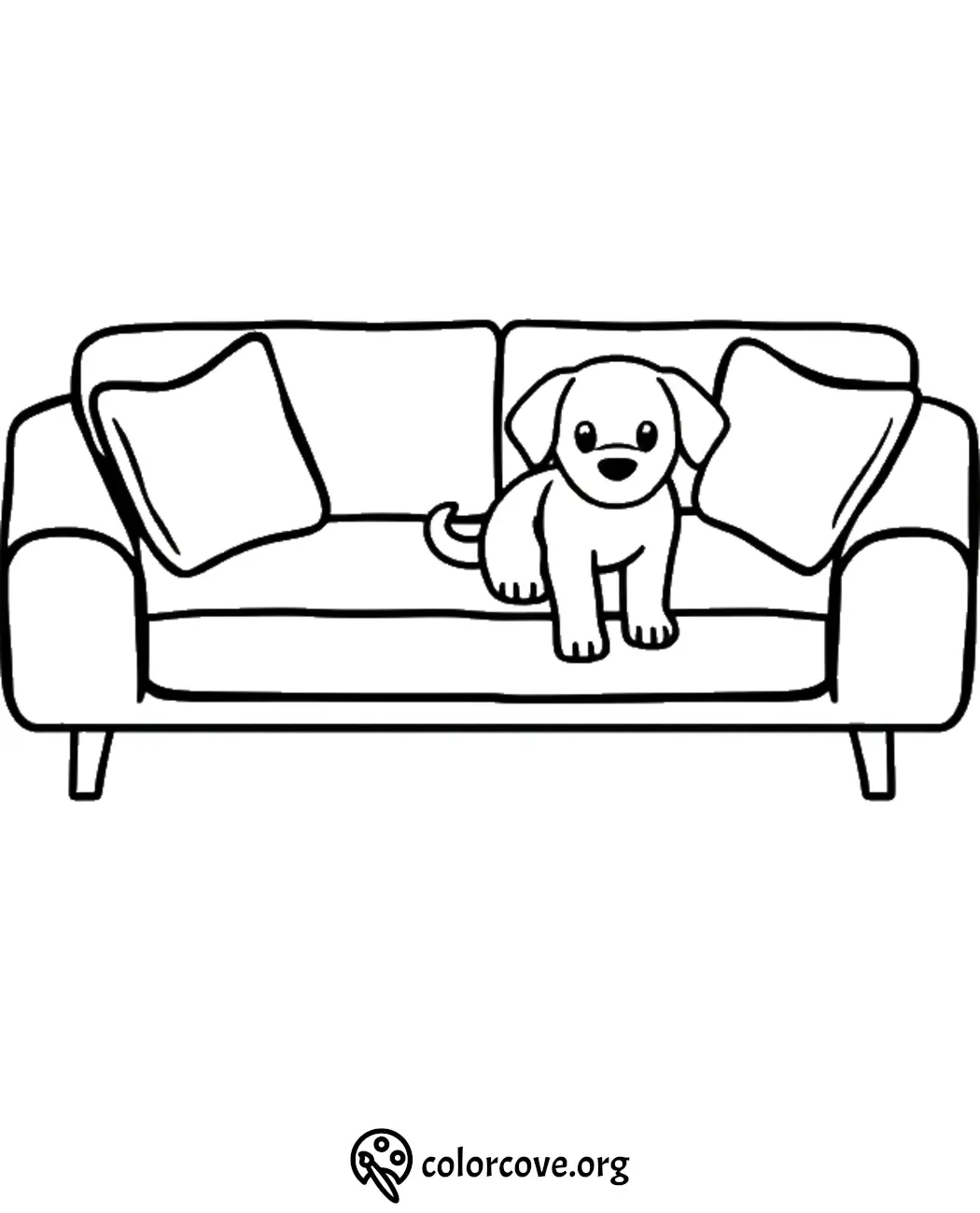 Cute puppy sitting on a sofa coloring page for kids. Perfect for printable animal activity sheets.