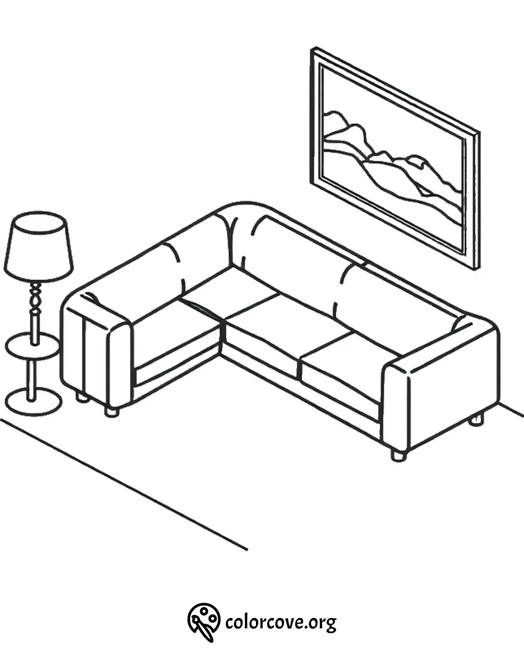 Coloring page of a living room with a sectional sofa, lamp, and wall art. Perfect for kids' creative activities.