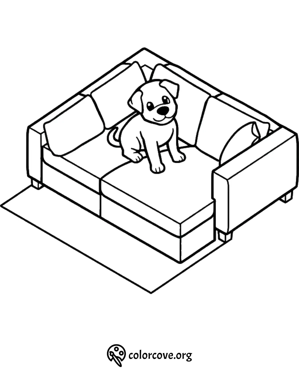 Coloring page of a cute puppy sitting on a corner sofa, perfect for kids and dog lovers.