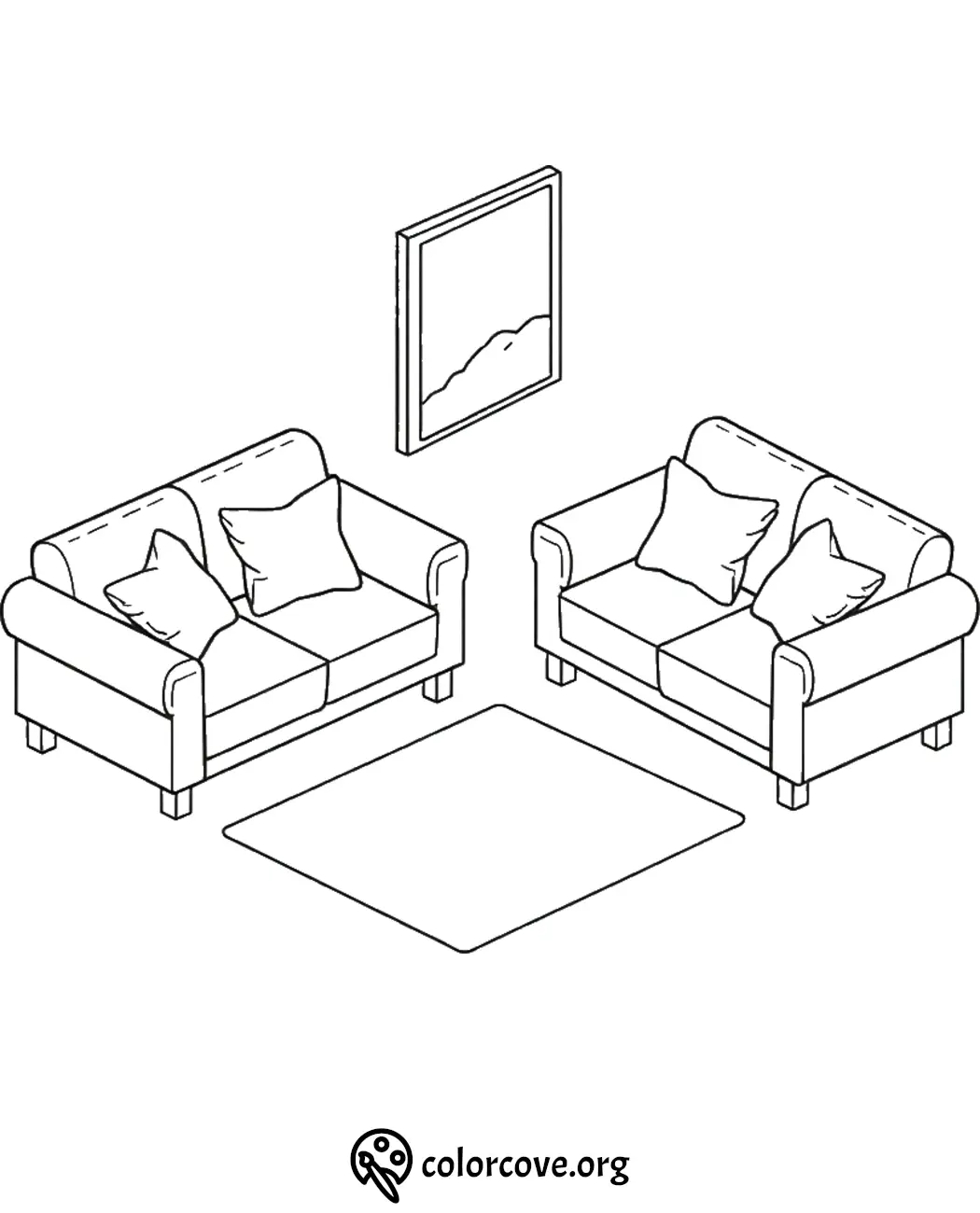 Minimalist living room coloring page with two sofas, cushions, a carpet, and a wall picture. Perfect for relaxation activities.